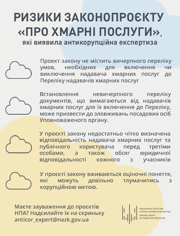 Законопроєкт “Про хмарні послуги” потребує суттєвого доопрацювання – НАЗК подало рекомендації до комітету Верховної Ради