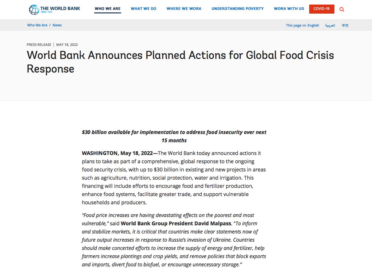 Всемирный банк выделит $12 млрд для преодоления продовольственного кризиса в сфере сельского хозяйства
