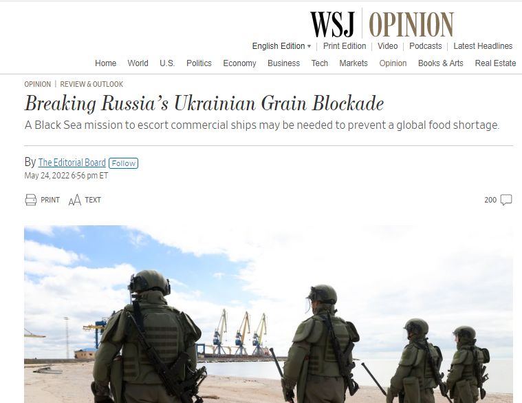 В сегодняшнем WSJ вышел текст посвященный деблокаде поставок зерна из Украины