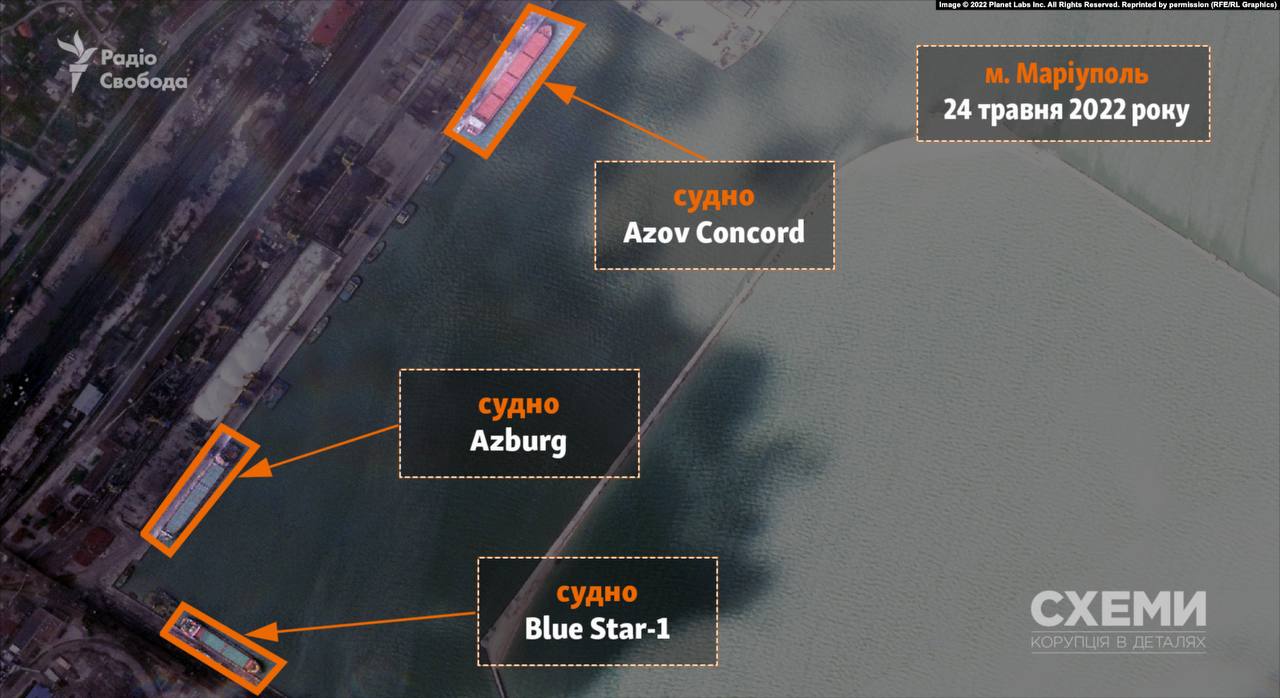 Супутник зафіксував у порту Маріуполя судна, якими окупанти ймовірно вивозять метал та зерно
