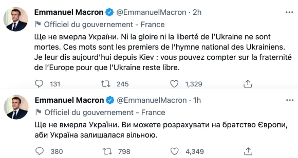 «Ще не вмерла України» — Макрон написав серію твітів українською.