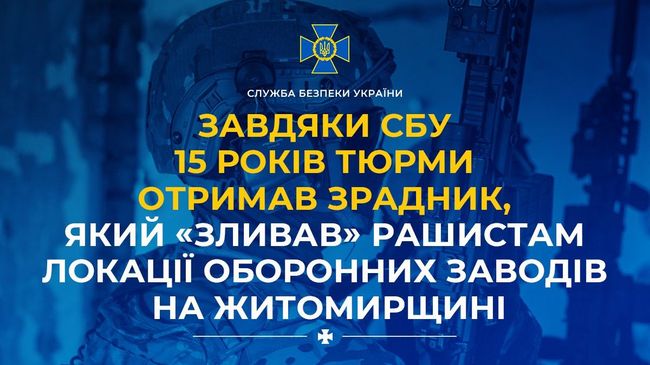 Завдяки СБУ 15 років тюрми отримав зрадник, який «зливав» рашистам локації оборонних заводів на Житомирщині