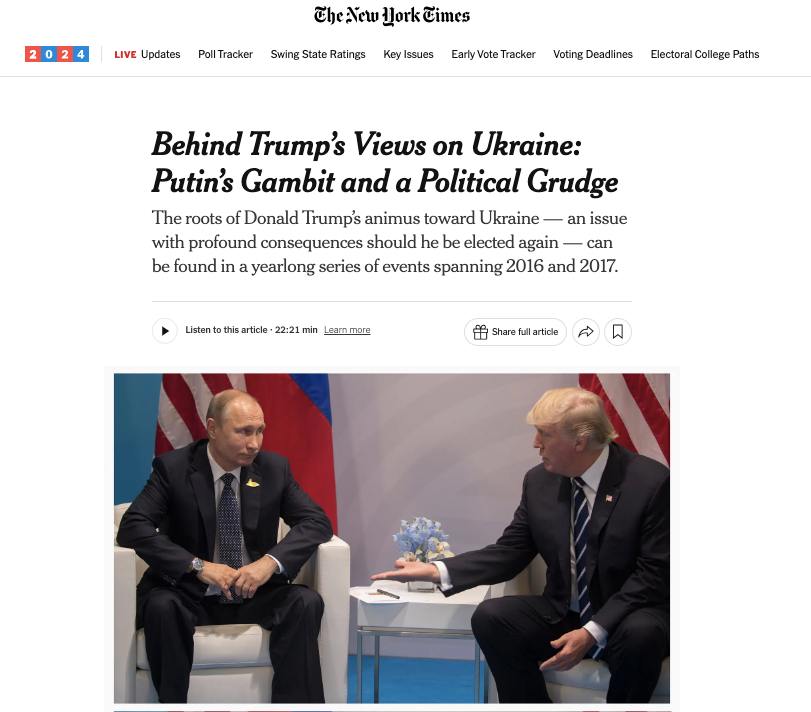 The New York Times: Трамп під час своєї першої зустрічі з путіним питав у нього поради щодо військової допомоги Україні